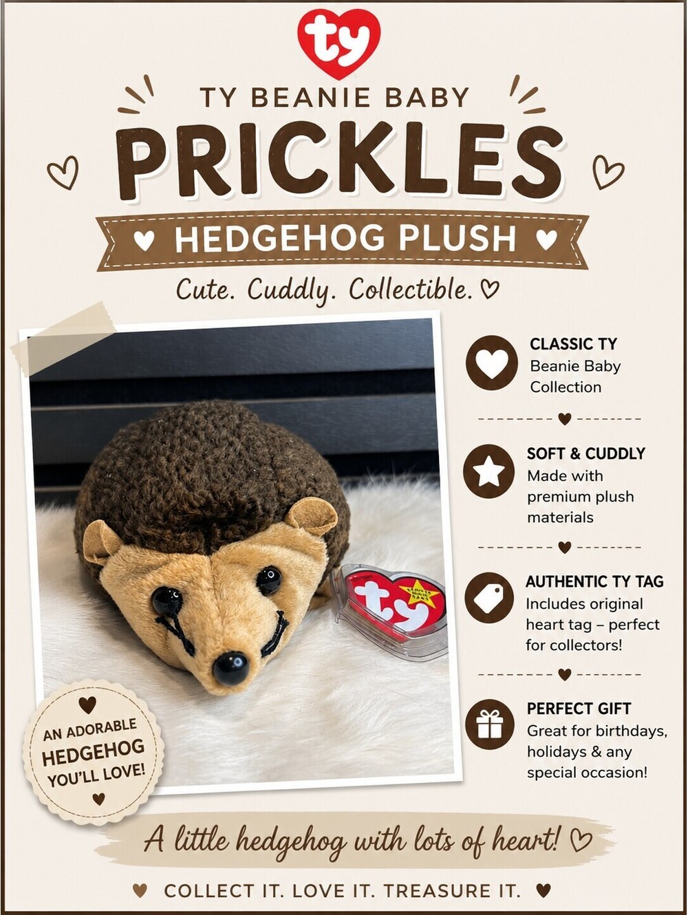 Ty Beanie Baby Prickles Hedgehog Plush Stuffed Animal